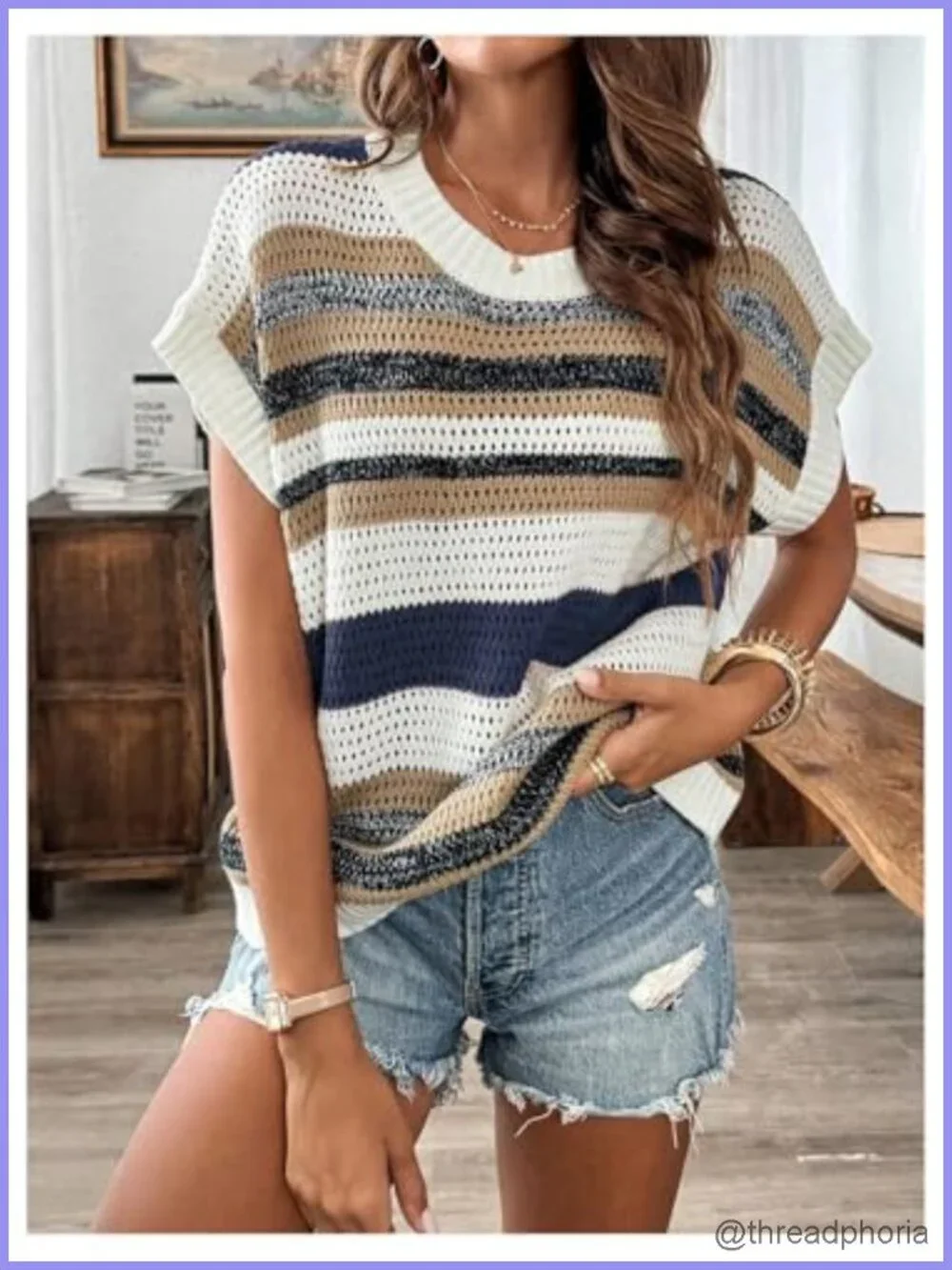 Women's Striped Oversized Hollow Out Crochet Crew Neck Pullover Sweater